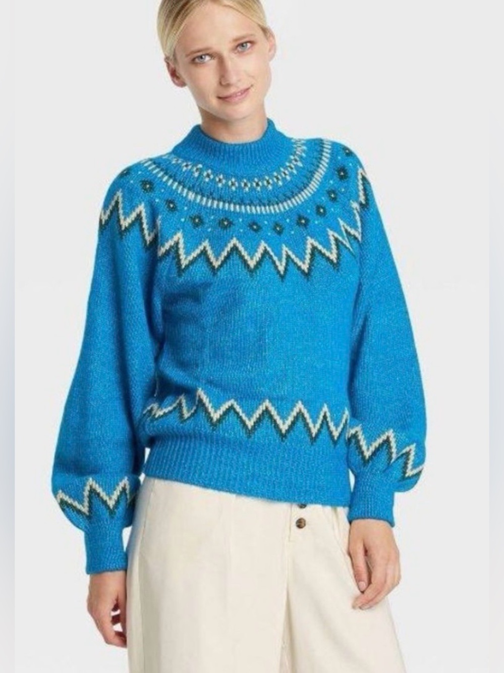 Who What Wear Fair Isle Sweater Small Blue Mock Neck Knit Nordic Balloon Sleeve